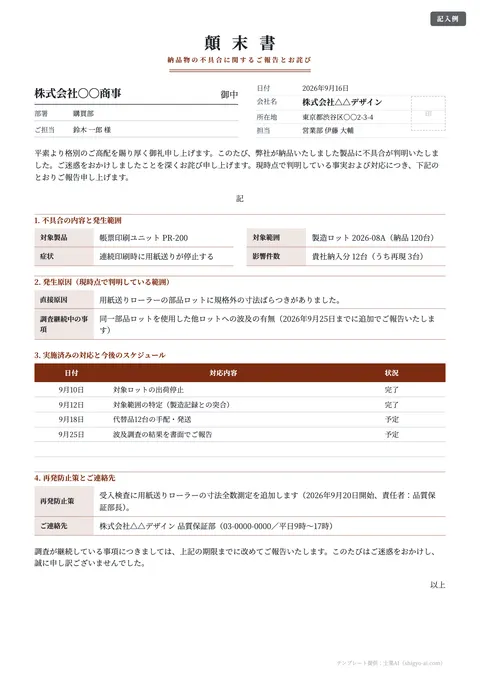 顛末書テンプレート「【社外】納品物の不具合のご報告」の記入例（無料・Word・PDF）