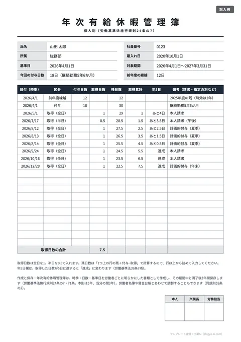 年次有給休暇管理簿テンプレート「個人別（残日数を自動計算）」の記入例（無料・Excel・PDF）