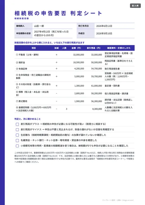 相続財産目録テンプレート「申告要否の判定シート（基礎控除との比較）」の記入例（無料・Excel・PDF）
